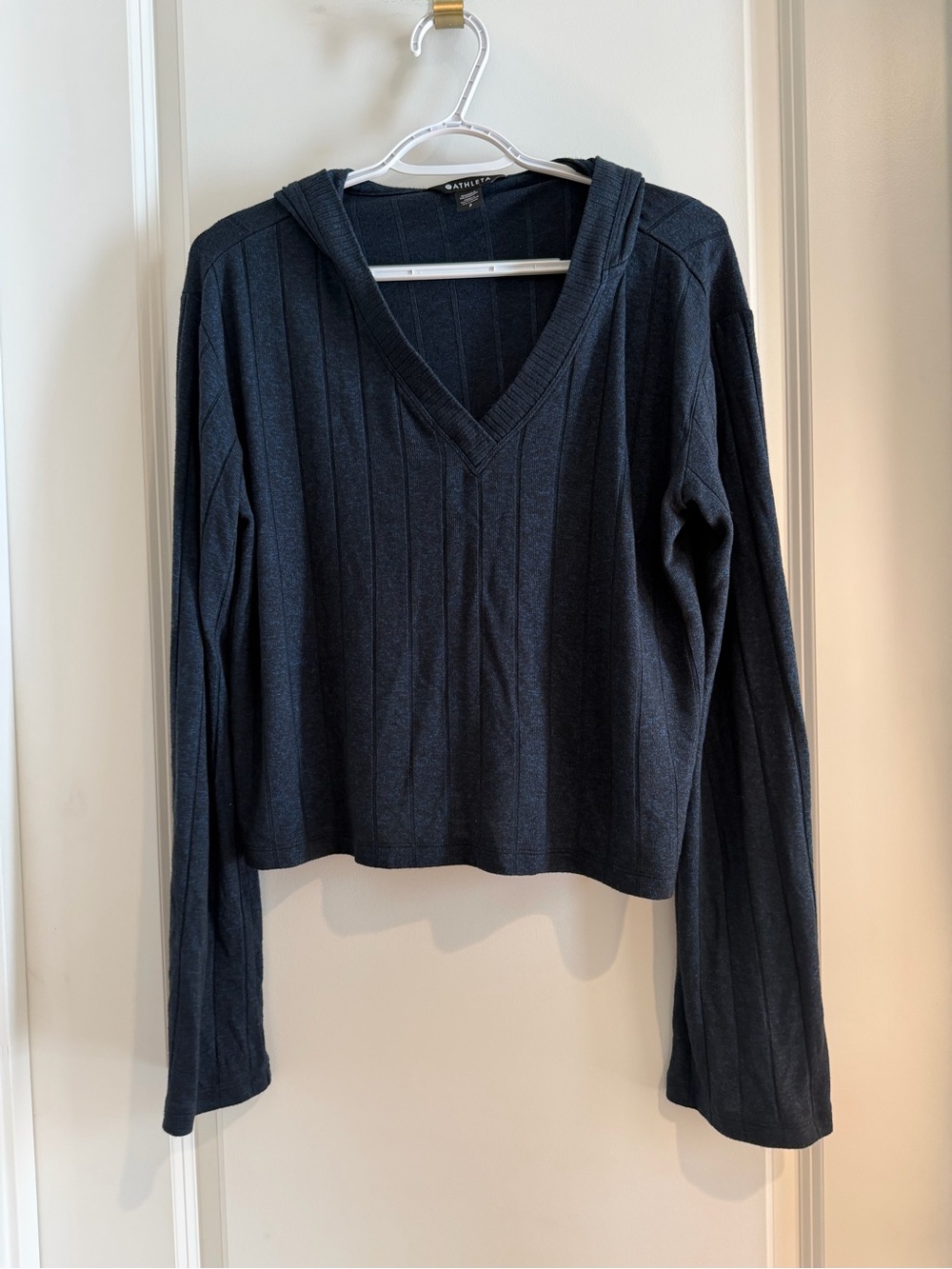 Athleta Dark Blue Ribbed V-Neck Hoodie Sweater